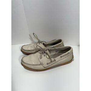 Vintage RHM Dockwear Mens Beige Leather Hand Sewed Shoe Sider Docksider Sz 10.5